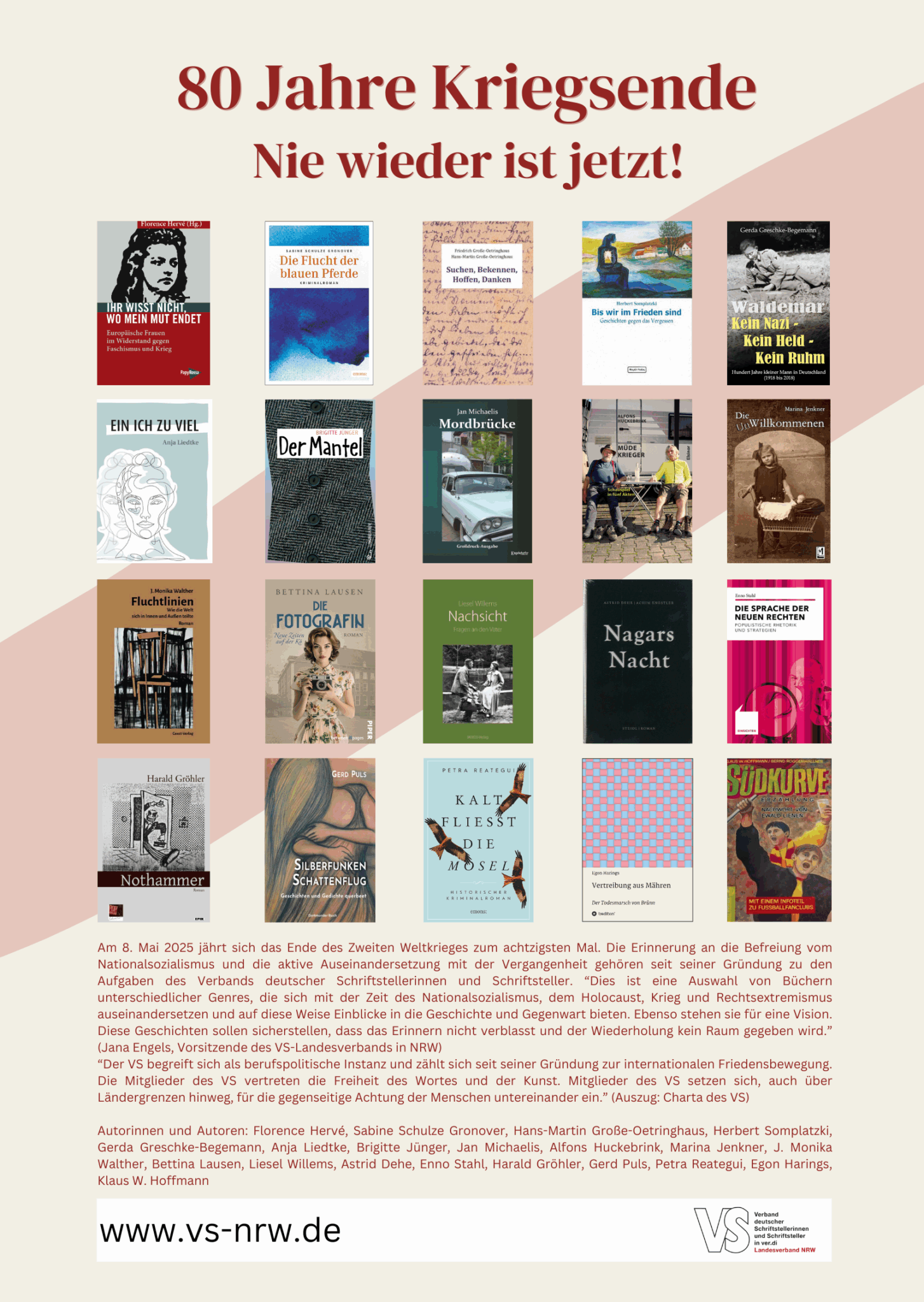 Plakat 80 Jahre Kriegsende - Nie wieder ist jetzt! Bücher von VS NRW Autorinnen und Autoren