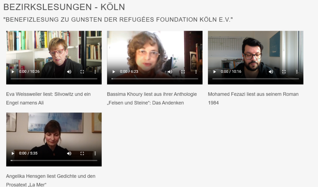 Literaturtage 2020 – dezentral, Impressionen Bezirkslesung Köln, Videos auf YouTube abrufbar.