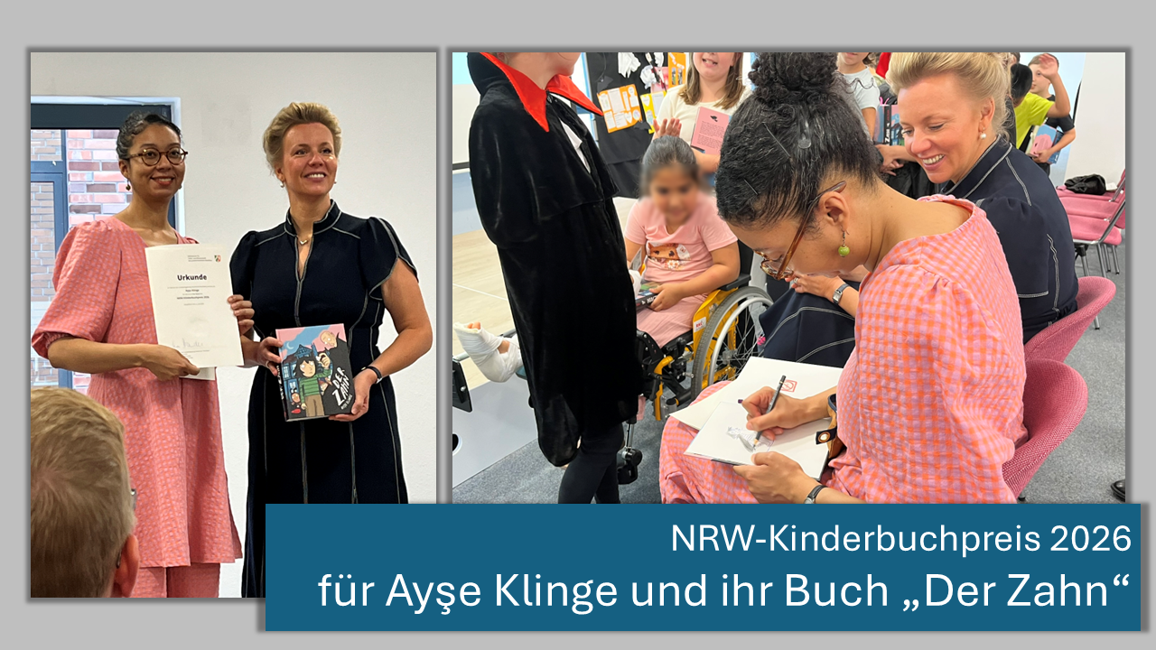 Ministerin Ina Brandes verleiht den NRW-Kinderbuchpreis 2026 an Comiczeichnerin und Autorin Ayse Klinge, Fotos Jana Engels